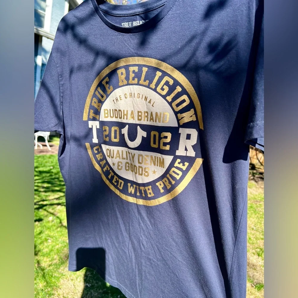 NWOT Mens True Religion T-shirt Double Puff Crew navy gold Buddha Brand 2002 y2k